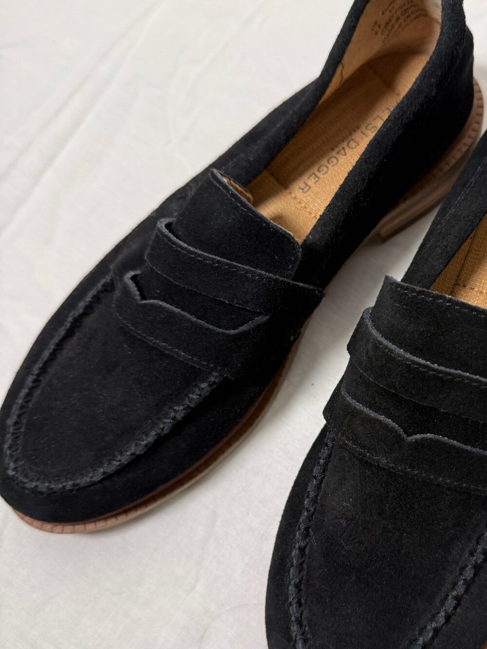 Kelsi Dagger Brooklyn Lens Penny Loafer Black Suede Low Stacked Heel Sz 6.5